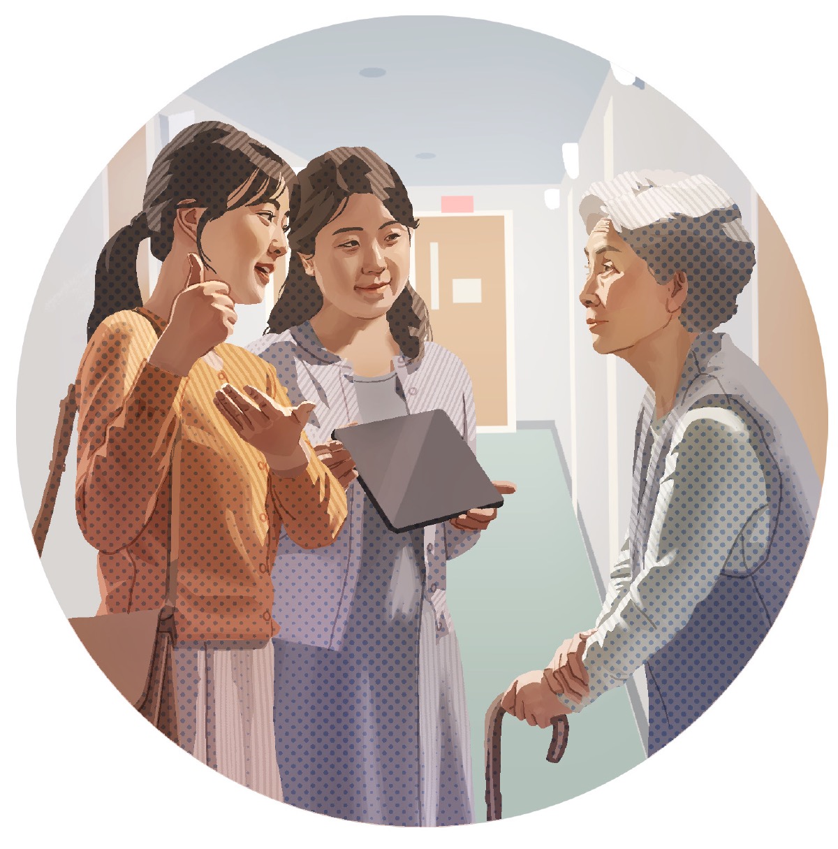 The woman preaching to an older woman. Her Bible teacher accompanies her in the ministry.