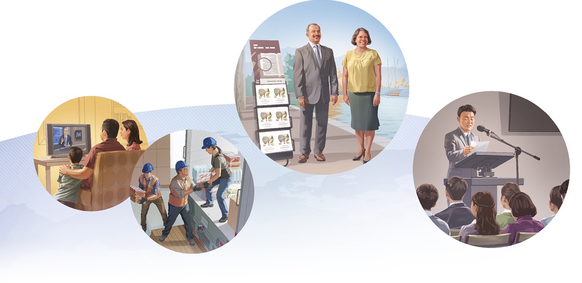 Collage: Jehovah’s Witnesses worldwide receiving and following direction from the Governing Body. 1. A family watches a program on JW Broadcasting. 2. Witness volunteers load relief supplies onto a truck. 3. Two Witnesses preach next to a witnessing cart. 4. An elder reads a letter at a congregation meeting.