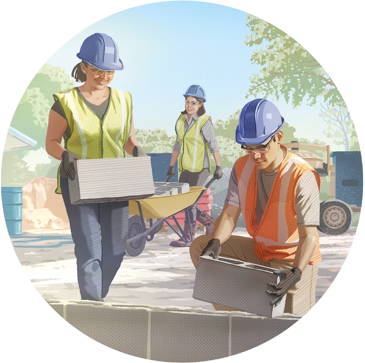 A group of Witness volunteers assisting with the construction of a Kingdom Hall.