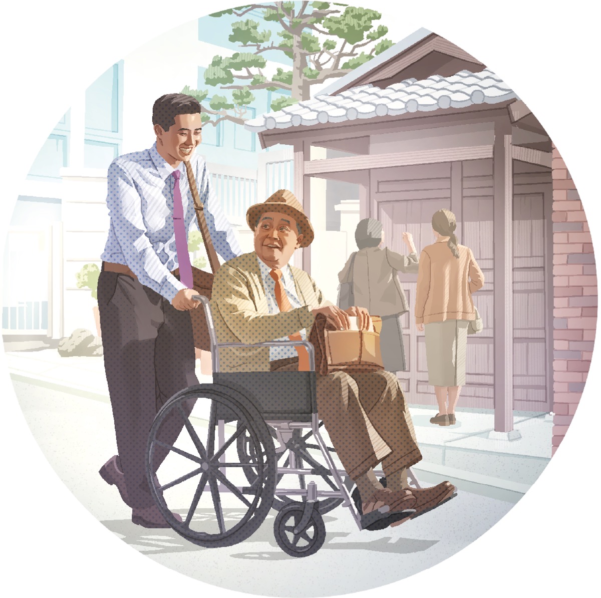 A young brother pushing the wheelchair of an elderly brother as they preach from house to house.