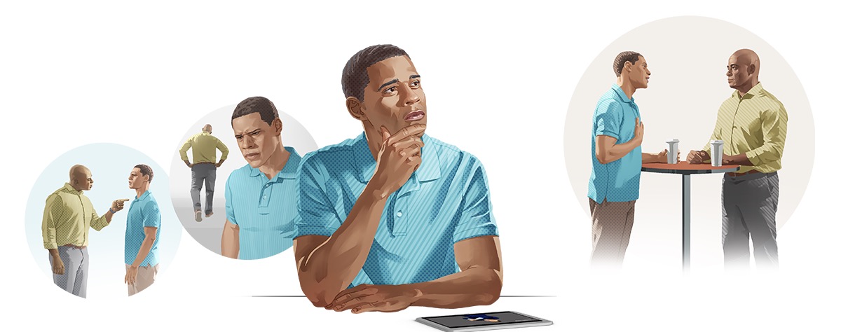 Collage: A brother making peace. 1. Another brother speaks harshly to him. 2. He thinks about what the other brother said. 3. He considers the Bible’s advice about what to do when offended. 4. He meets the other brother for coffee and makes peace.