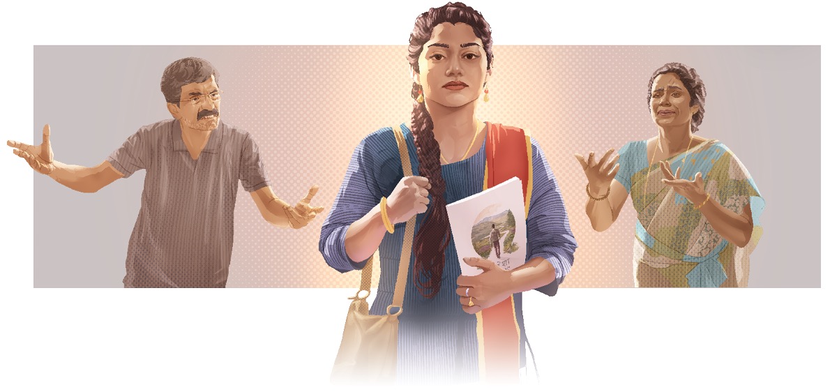 A woman heading to her Bible study despite opposition from her parents.