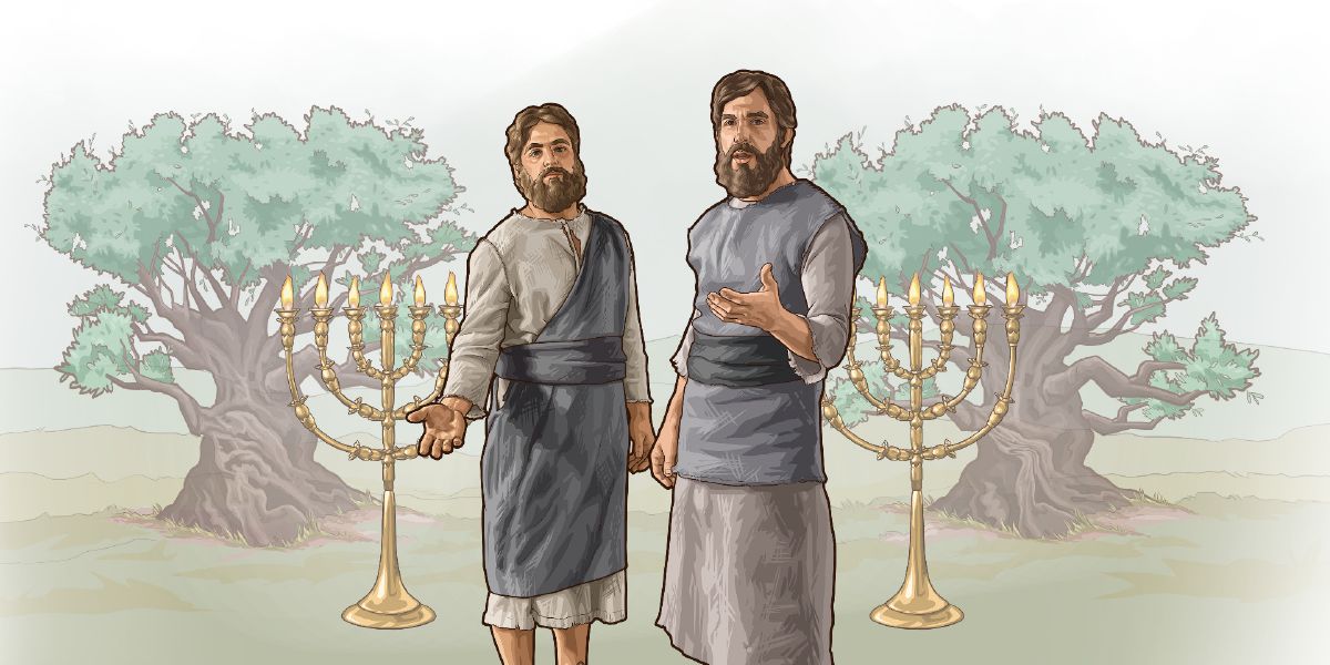 The ‘two witnesses’ of Revelation each stand in front of a lampstand and an olive tree