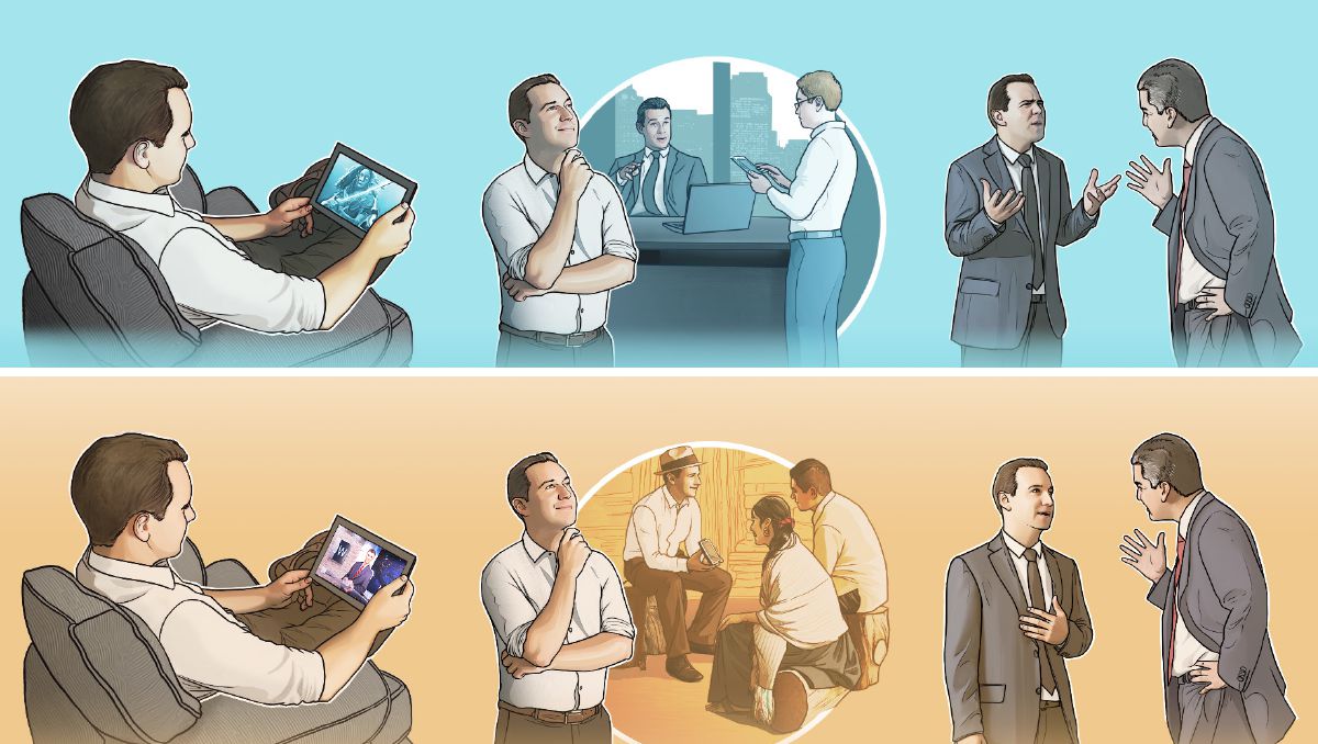 The entertainment, goals, and interactions of a physical man and a spiritual man