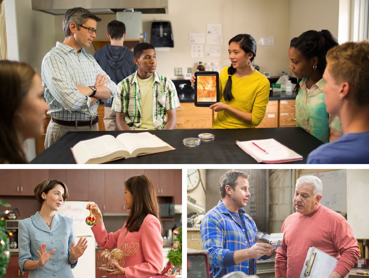 A young Witness sister shows the Origin of Life brochure to her classmates and teacher; a sister refuses to decorate a Christmas tree at her workplace; a brother witnesses at his workplace