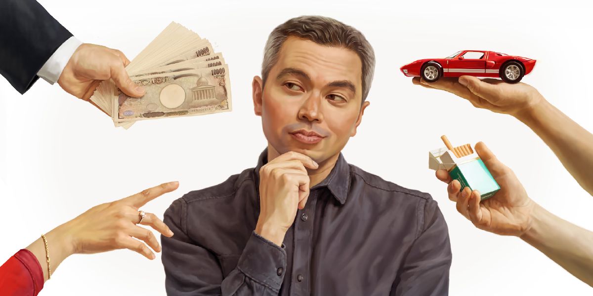 A brother contemplates various temptations: money, a sports car, cigarettes, and a flirtatious woman