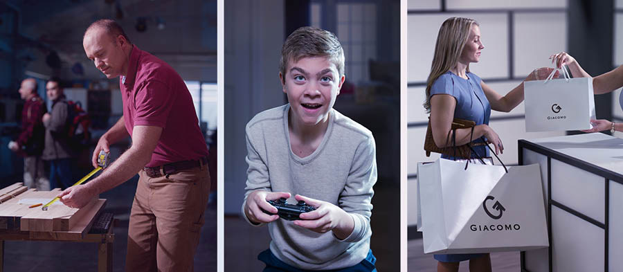 Collage: Family members engaging in daily activities. 1. A father works overtime at a carpentry shop. 2. A son plays video games. 3. A mother buys several items at a boutique.