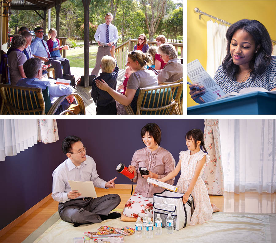 Collage: Brothers and sisters following instructions they have received. 1. A group meets for field service outside on a porch. 2. A sister records her medical decisions on a legal document. 3. A family puts emergency supplies into a go bag.