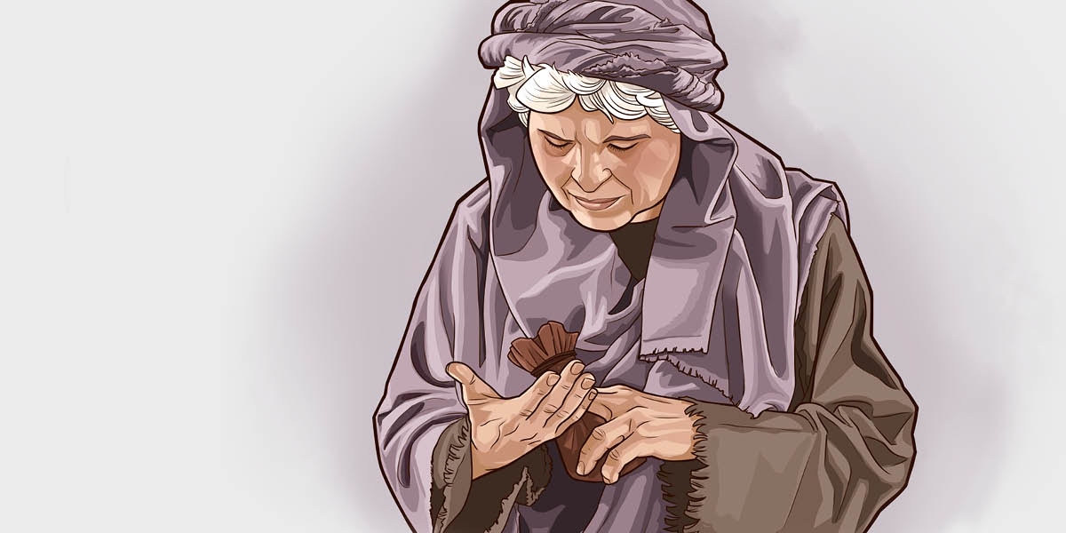 The widow looking at her two small coins before donating them.