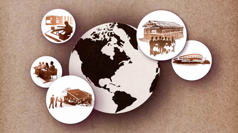 A scene from the video ‘A Gift in Hand to Jehovah.’ Collage: Donations support Kingdom interests worldwide. 1. Bethel operations. 2. Theocratic schools. 3. Disaster relief. 4. Theocratic construction. 5. Conventions.