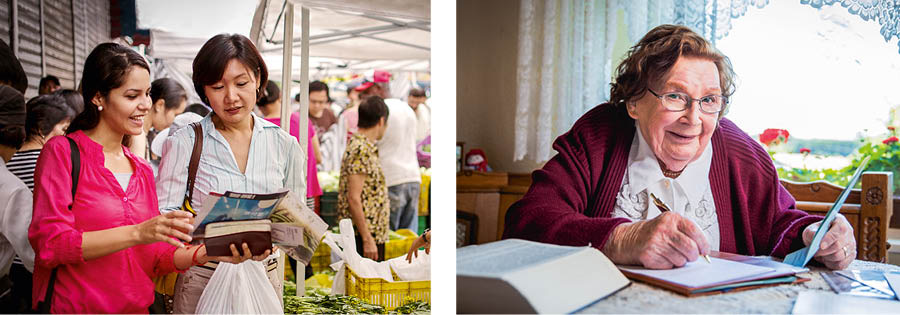 Collage: Two sisters giving their best ‘sacrifice of praise’ to Jehovah. 1. A sister serving in a foreign-language field talks to a woman at the market. 2. An older sister writes letters from her home.