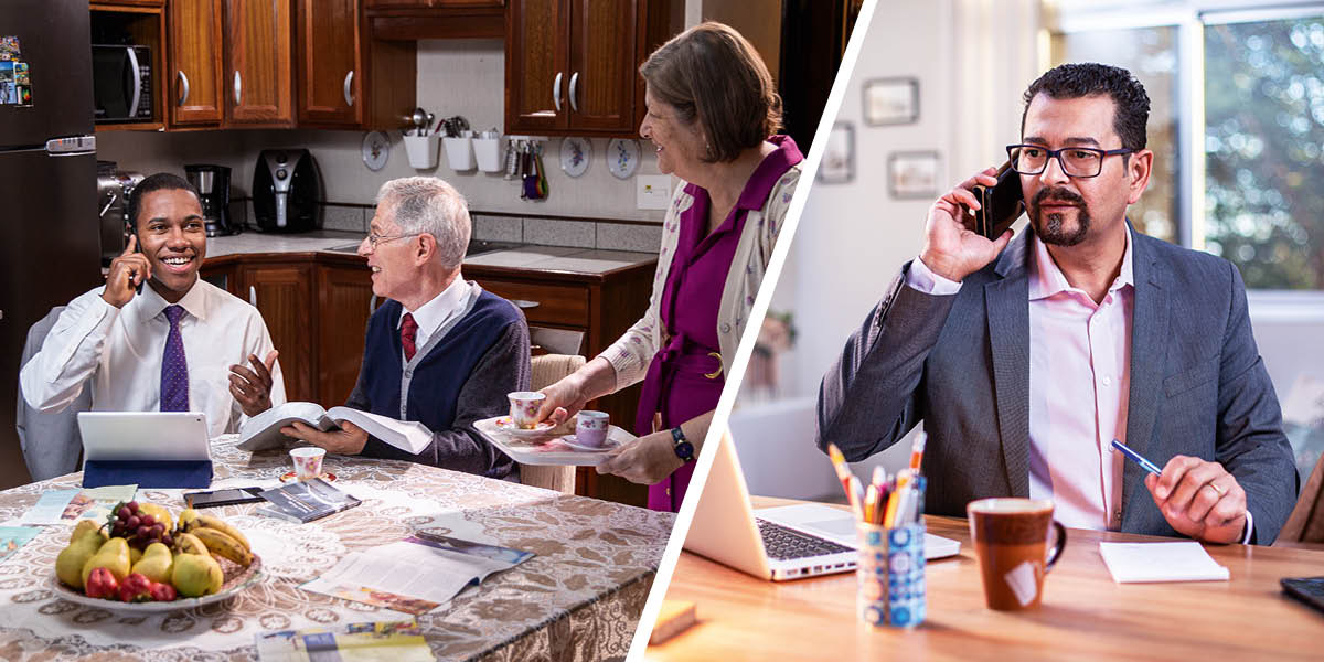 Collage: A younger brother doing telephone witnessing with an older couple. 1. The brother talks to a businessman on the phone. 2. The businessman listens to the brother’s message.