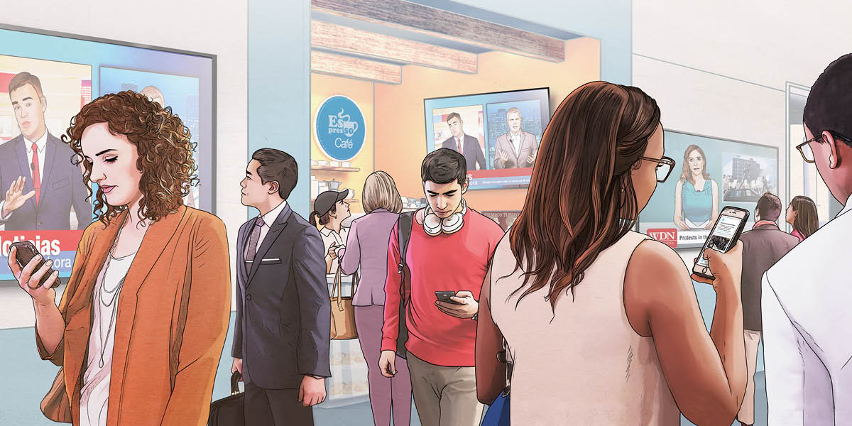 Men and women viewing the news on cell phones and on large television screens in a public space.