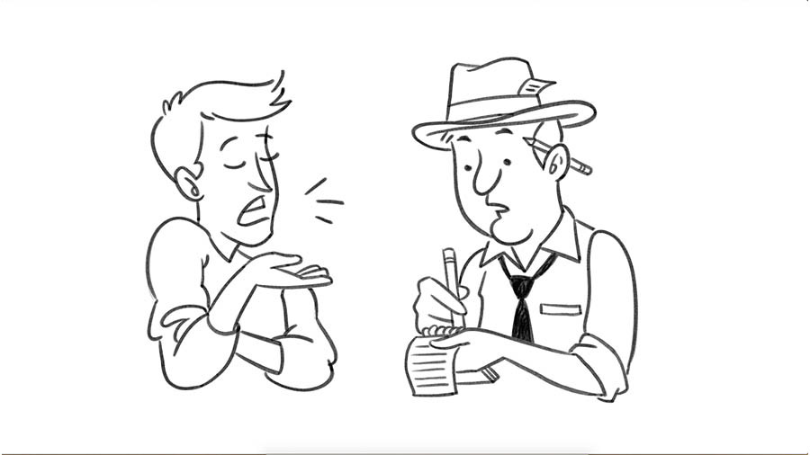 One man gossiping while another man, dressed as a reporter, is taking notes.