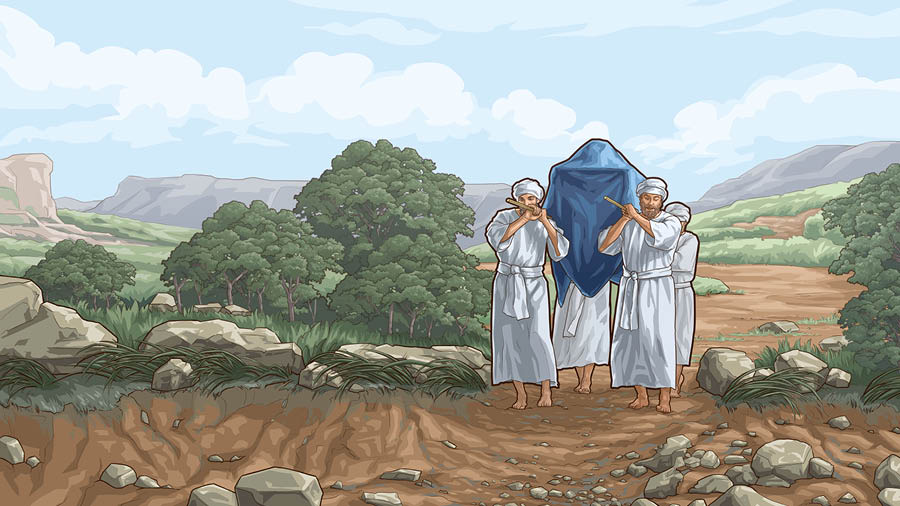 Priests carrying the ark of the covenant as they cross the dry riverbed of the Jordan.