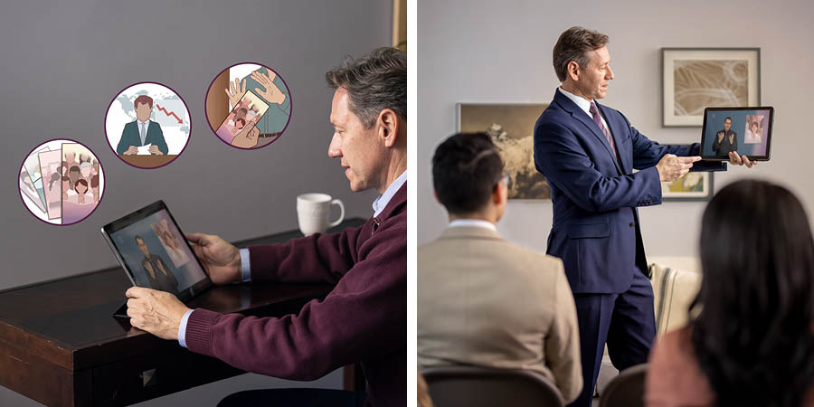 Collage: 1. A brother prepares to conduct the meeting for field service. Insets show a variety of tracts, a news report, and a householder who turns down a tract. 2. The brother conducts the meeting for service the next day as he holds a tract and a Bible.