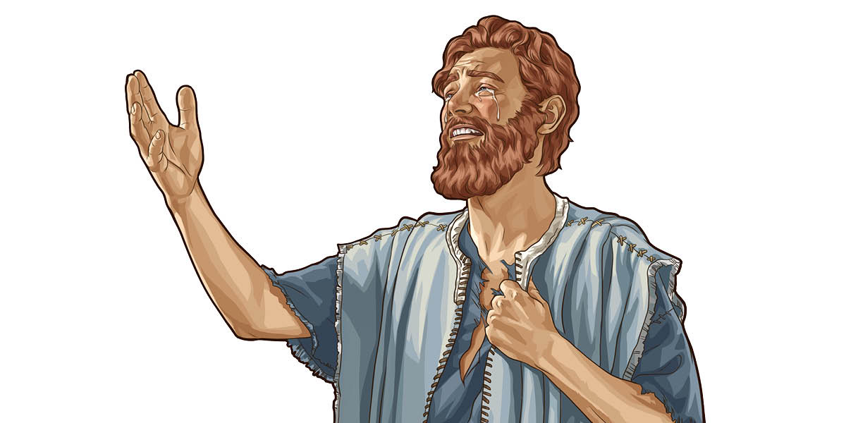 David weeping and chanting a dirge. He is wearing a torn garment.