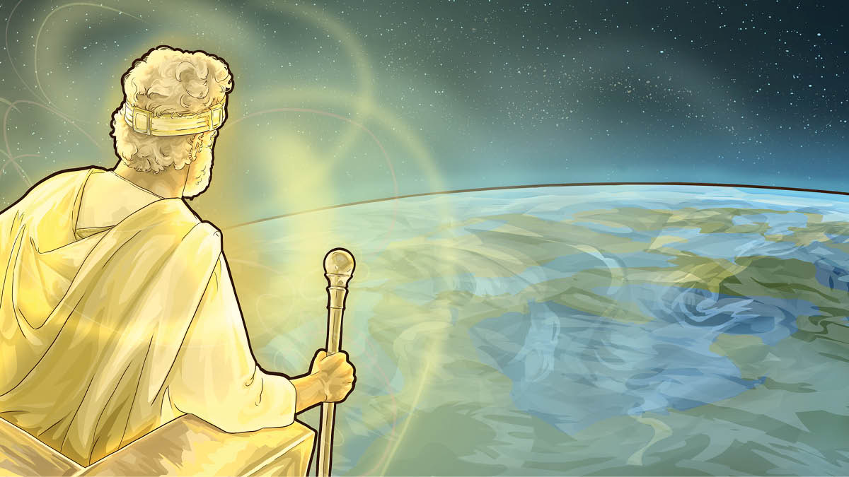 Jesus looking at the earth from his heavenly throne.