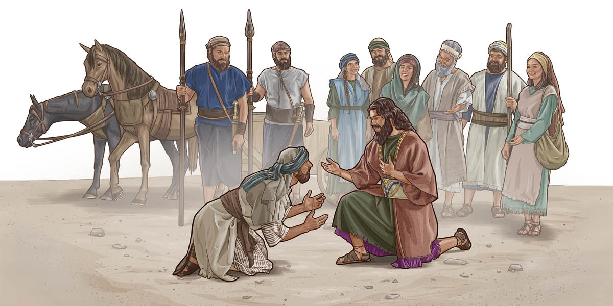Absalom, in front of his attendants and other Israelites, kneeling and talking to a man who bows before him.