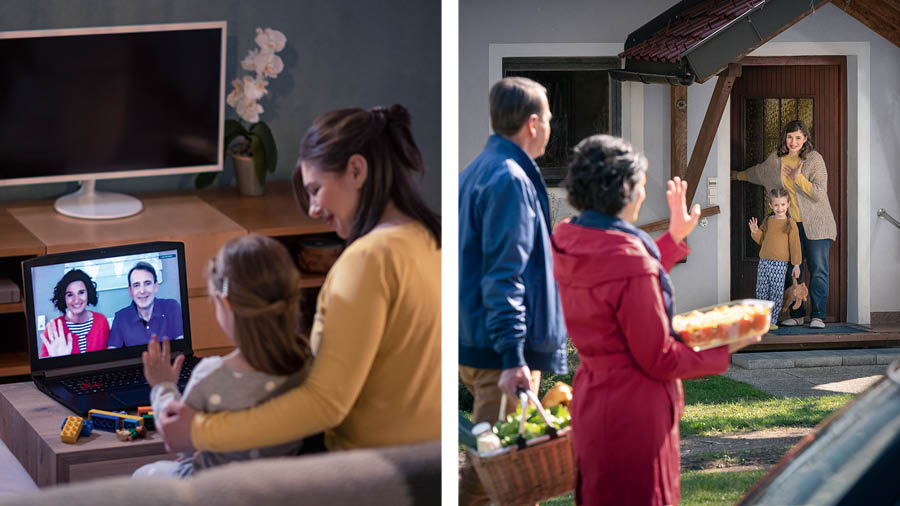 Collage: 1. A mother and her young daughter chat via video with a couple. 2. The couple bring a prepared meal and a basket of food to the mother and her daughter.