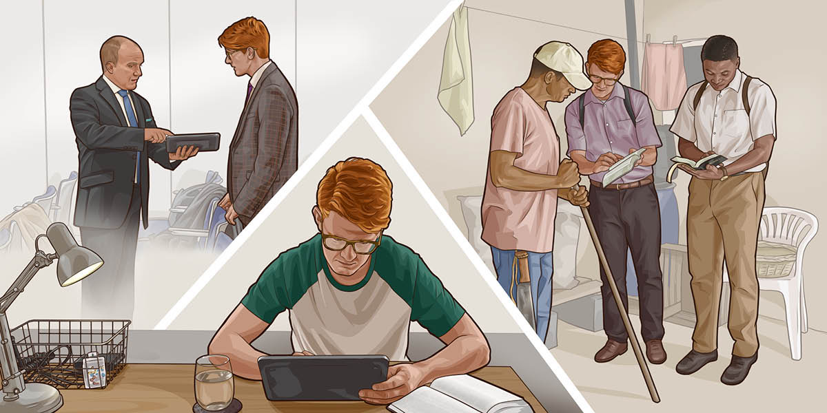 Illustrations based on the video “Enter the Door to Activity in Faith​—Move to Where the Need Is Greater.” Collage: 1. Gabriel does research. 2. He talks with an elder about contacting the branch office. 3. He preaches with his friend Samuel during a special preaching campaign.