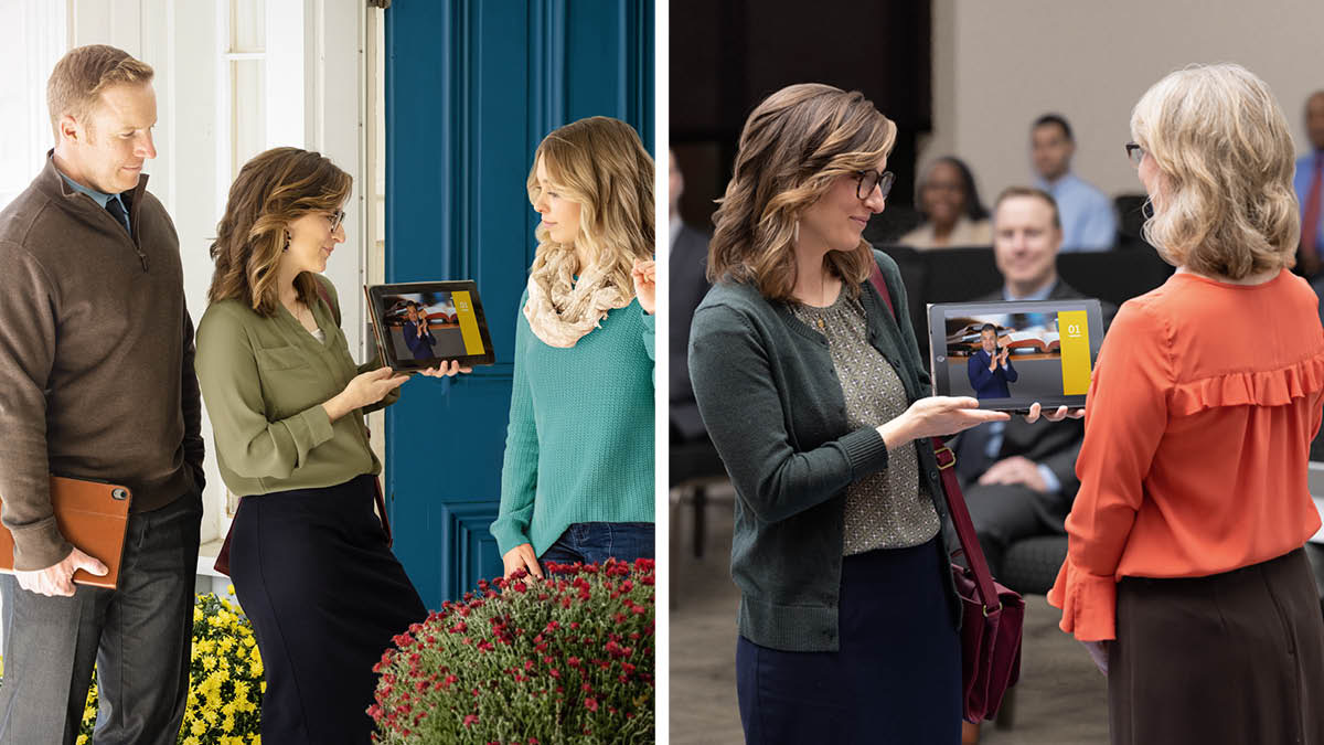 Collage: 1. A sister and her husband use the “Enjoy Life Forever!” brochure to talk with a woman at her home. 2. The same sister gives a presentation using the “Enjoy Life Forever!” brochure at the midweek meeting.