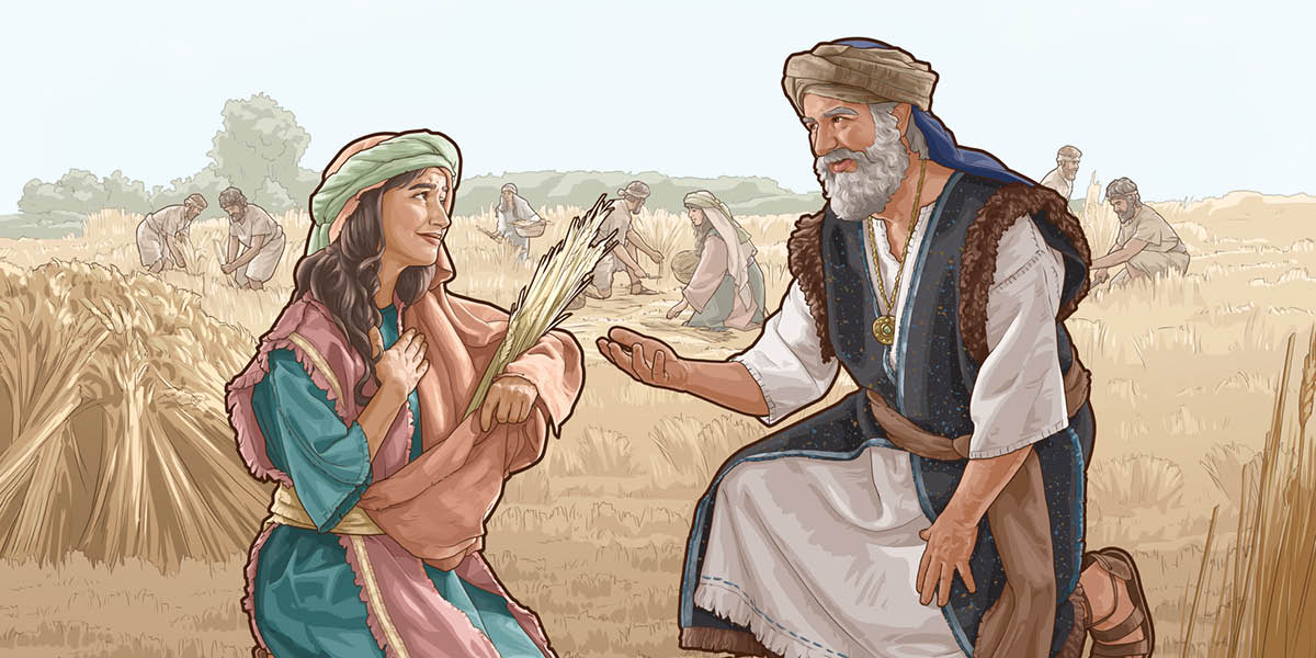 Boaz commending Ruth as she gleans in a field.