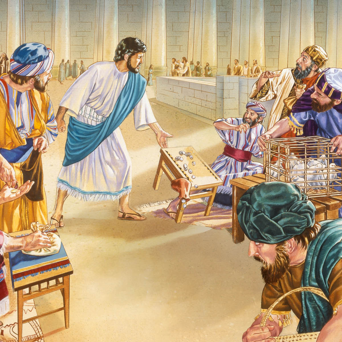 Jesus overturning the tables of money changers at the temple.