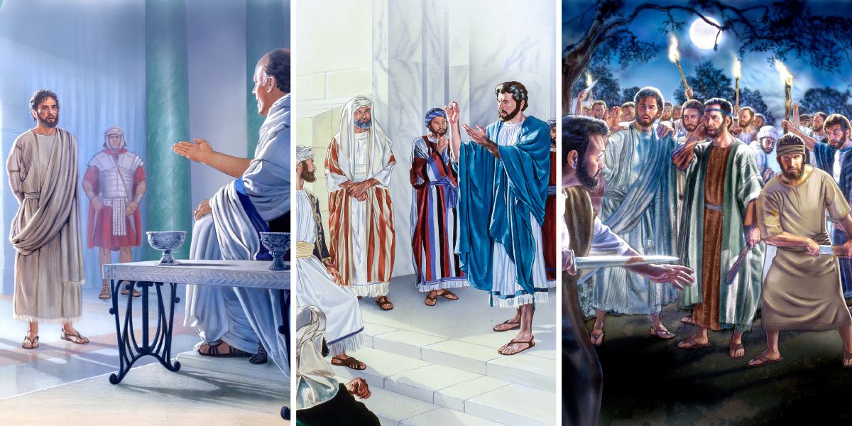 Jesus stands before Pontius Pilate; Jesus holds up a tax coin; Jesus rebukes Peter for cutting off Malchus’ ear