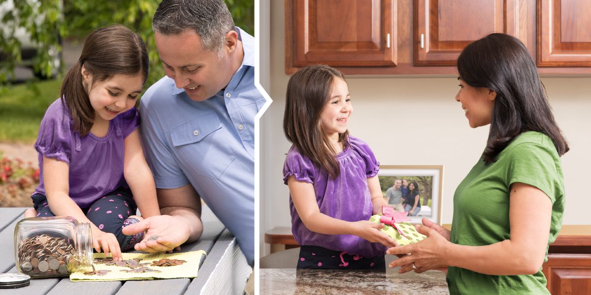 A little girl counts her money with her father then uses it to buy a gift for her mother