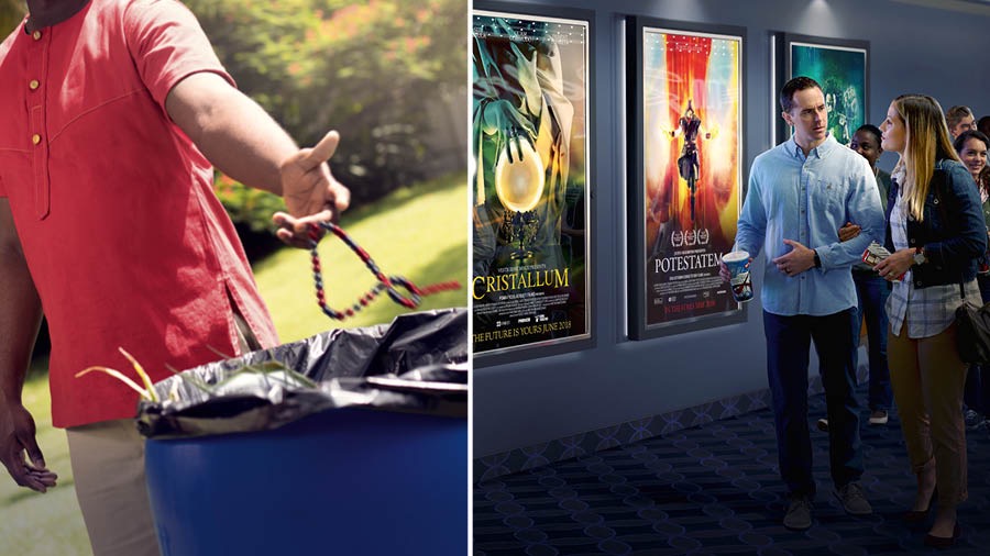 A brother throws an amulet in the trash; a couple walks past posters advertising spiritistic movies