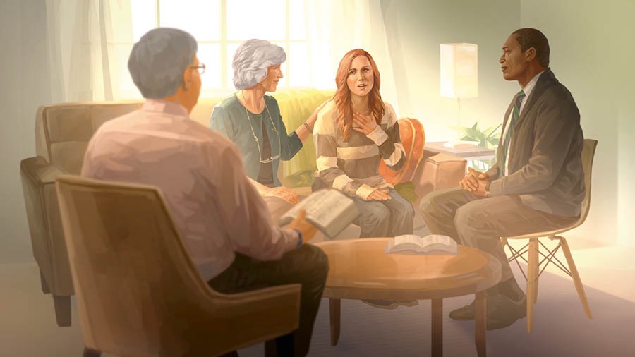 Two elders visit a sister who is suffering emotional pain; she has invited a mature sister who comforted her to be present