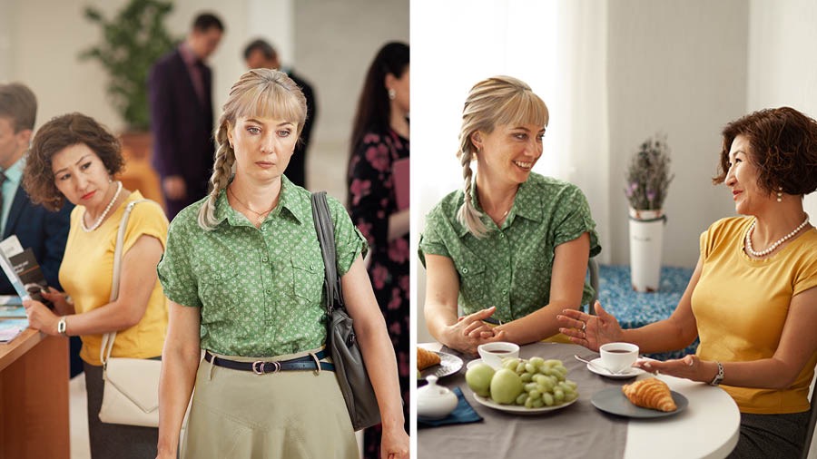 Collage: 1. At the literature counter after a meeting, a sister noticing that another sister is in a bad mood. 2. The same day, the two sisters sitting at a table having coffee and enjoying each other’s company.