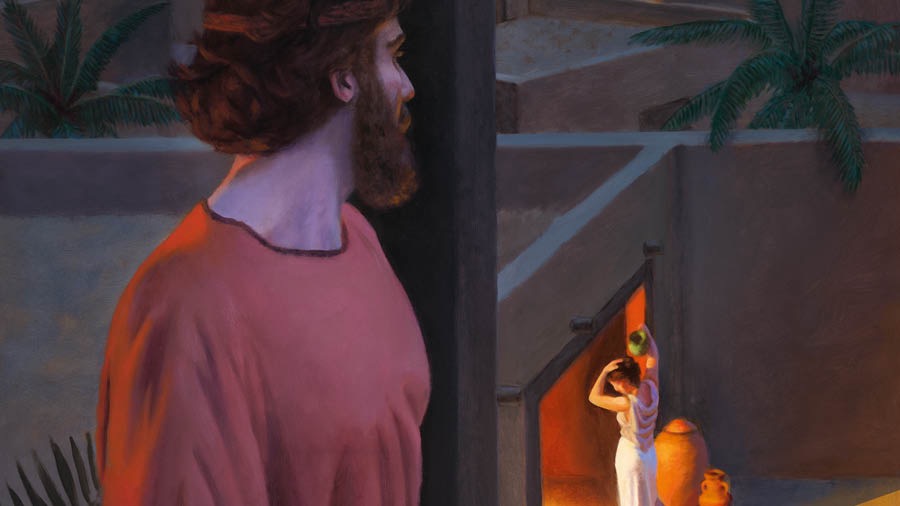 King David, on his rooftop, watching Bath-sheba as she bathes.