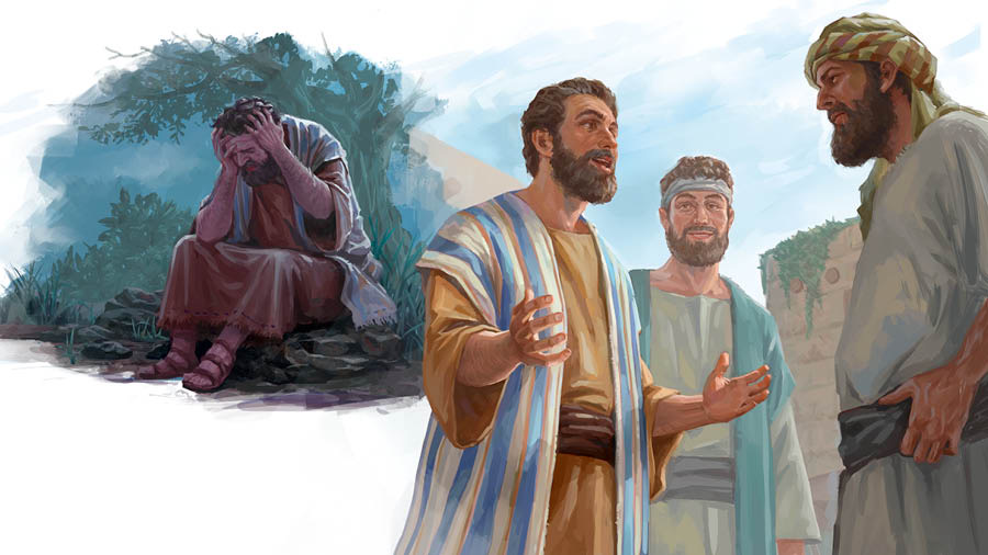 Collage: 1. Peter sits on a rock and weeps. 2. Peter preaches enthusiastically.