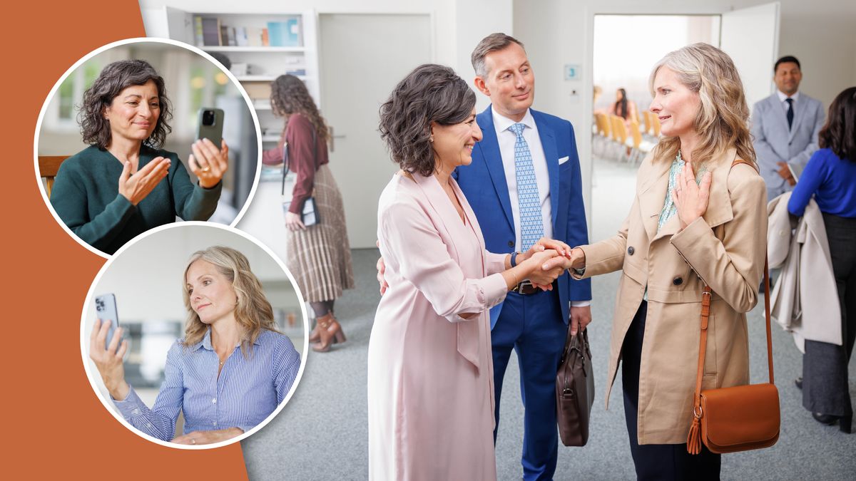 Collage: 1. A sister phones a woman who was removed from the congregation and invites her to a congregation meeting. 2. The sister and her husband warmly greet the woman at the meeting.