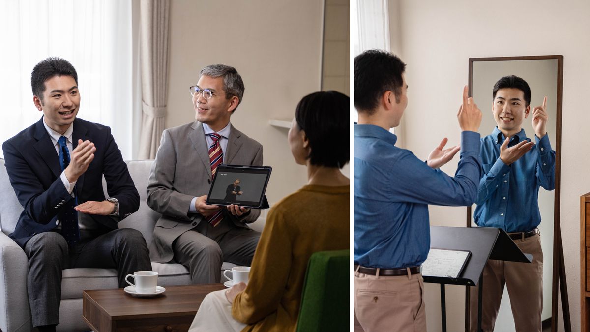 Collage: 1. A ministerial servant and an elder visit a sister at her home. Their Bibles are open as the ministerial servant speaks to her. 2. The ministerial servant practices his talk in front of a mirror.