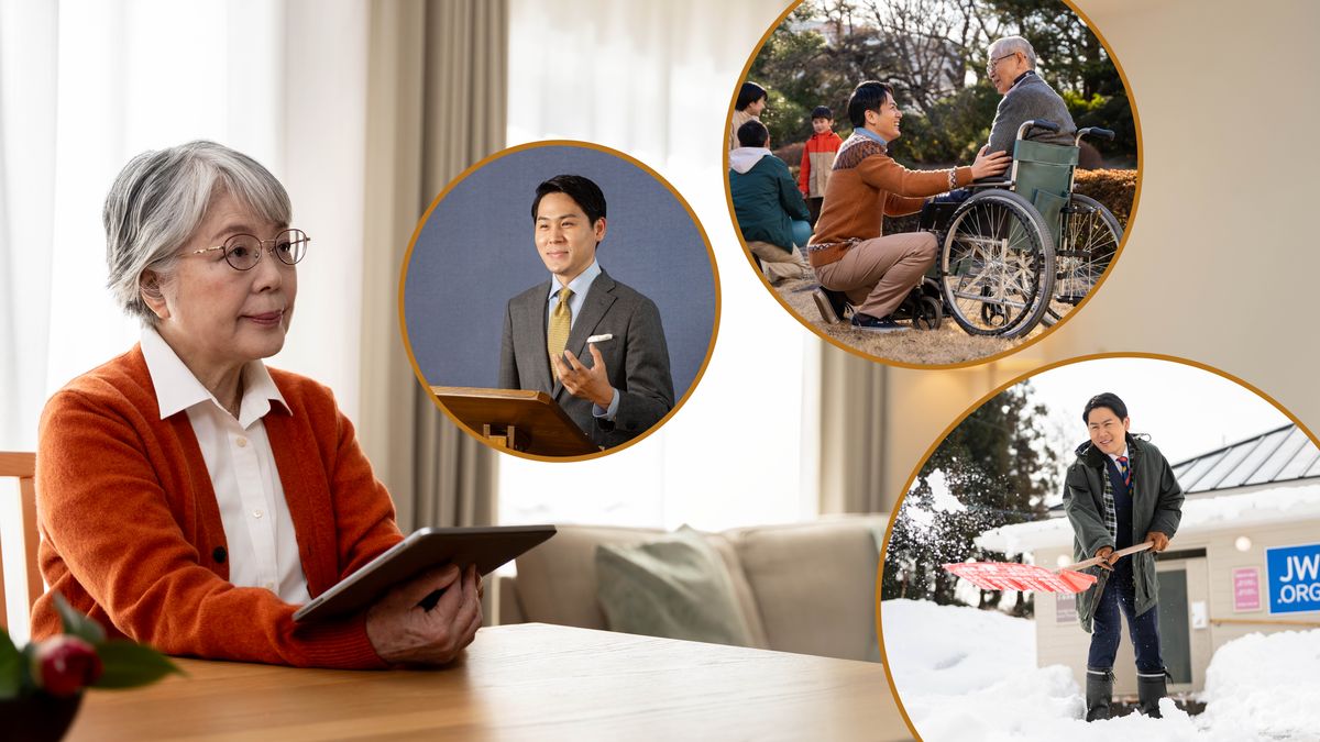 Collage: An older sister reading her Bible and thinking about different ways that the elders work hard. 1. An elder gives a talk at a congregation meeting. 2. He assists a brother in a wheelchair. 3. He shovels snow outside the Kingdom Hall.