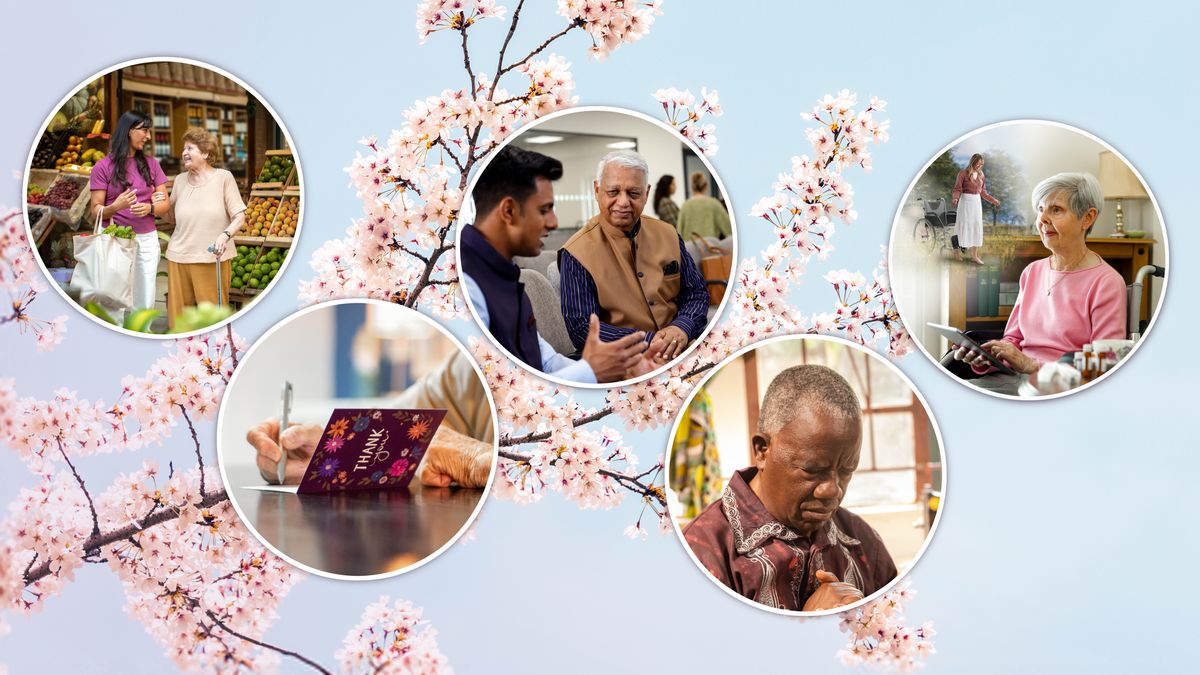 A blooming cherry blossom branch; insets of various ways brothers and sisters can remain joyful in their old age. The scenes are repeated in paragraphs 9-13.