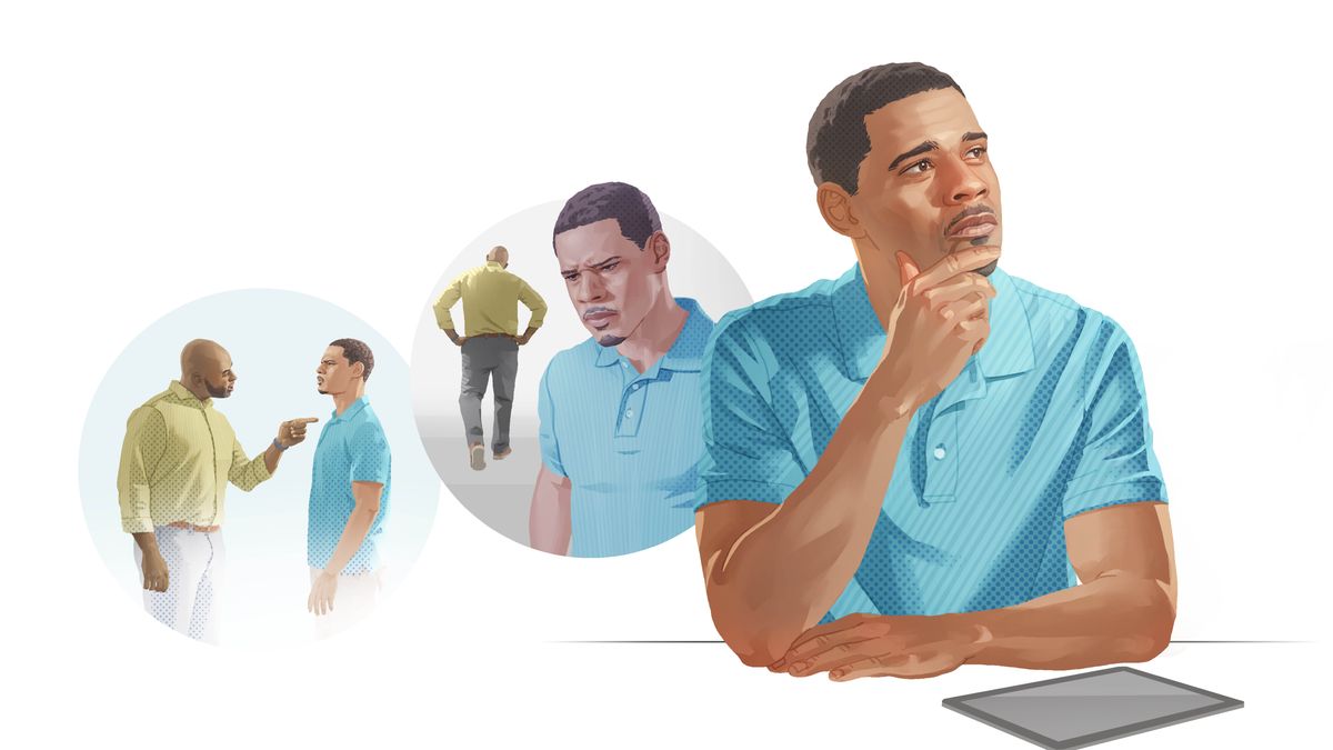 Collage: A brother choosing to overlook an offense. 1. He is yelled at by another brother. 2. He thinks about what the other brother just did. 3. He reads the Bible and meditates.