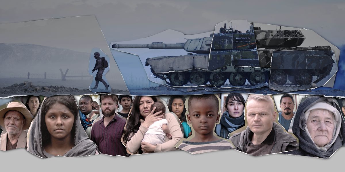 Collage: 1. A soldier walks in a field followed by a military tank. 2. Various men, women, and children of different nationalities, affected by war.